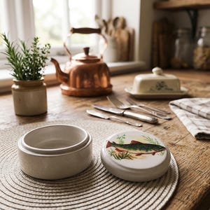 Può includere: Un contenitore rotondo in ceramica bianca con coperchio, caratterizzato da un'illustrazione dettagliata di un pesce sul coperchio. Il contenitore è aperto, con il coperchio posizionato accanto alla base su una tovaglietta intrecciata.