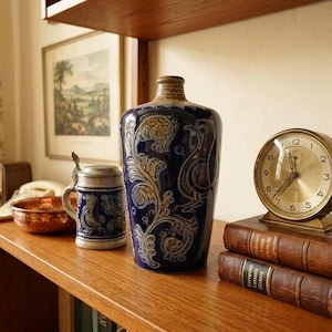 Jarrón de cerámica vintage Reinhold Merkelbach de gres vidriado azul cobalto. Decoración alemana de mediados de siglo.