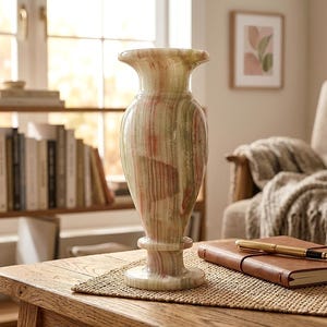 Vaso vintage italiano in marmo onice, intagliato a mano, con boccioli di fiori in pietra verde e rosa, decorativo, stile metà secolo. immagine 1