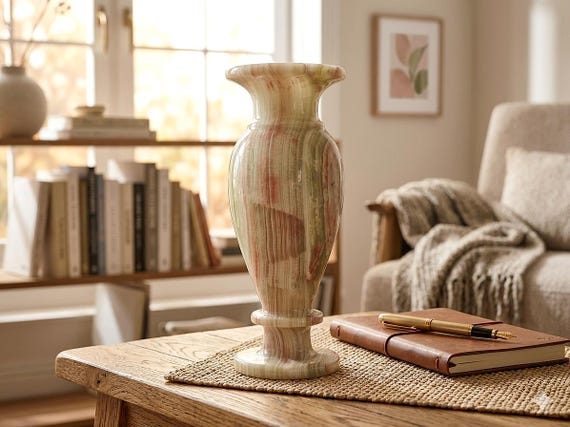 Vintage Italian Onyx Marble Vase Hand Carved Green Pink Stone Bud Flower Decorative Mid-Century
