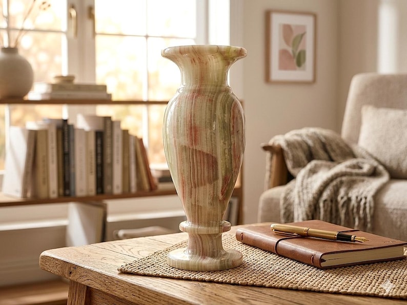 Vaso vintage italiano in marmo onice, intagliato a mano, con boccioli di fiori in pietra verde e rosa, decorativo, stile metà secolo. immagine 1