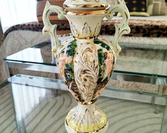 大型アンティーク カポディモンテ花瓶：イタリア磁器、ブドウ収穫風景 