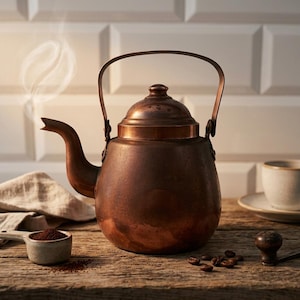 May include: A copper kettle with a rounded body, a curved spout, and a top handle. Steam rises from the spout in a coffee bean shape. Nearby are a small ceramic scoop with ground coffee, a ceramic cup and saucer, and scattered coffee beans.