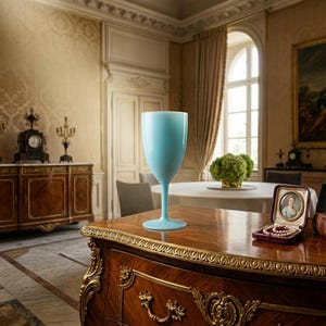 Large Blue Opaline Glass Goblet Vintage Turquoise Chalice Vase Mid Century Tabletop Decor