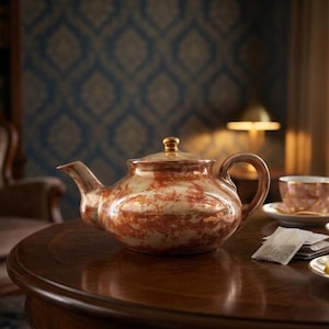 Può includere: Una teiera in ceramica con una finitura lucida e marmorizzata nei toni del rame, bronzo e crema, dotata di un pomello dorato sul coperchio. Accanto si trovano tazze abbinate su piattini, bustine di tè e un piattino con fette di limone e miele.