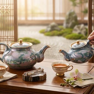 May include: A ceramic tea set featuring two teapots and two teacups with a marbled blue and pink glaze and gold trim. The set includes a small pair of metal tongs resting on a wooden base and a single white and purple orchid flower on a napkin.
