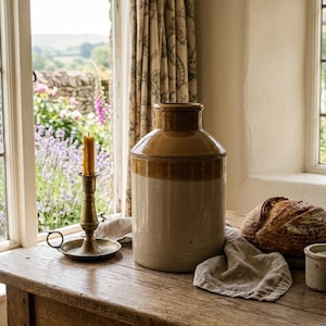 May include: A rustic still life featuring a large, two-toned ceramic jug, a loaf of bread, and a brass candlestick with a lit candle. The scene is set on a wooden table near a window overlooking a garden.