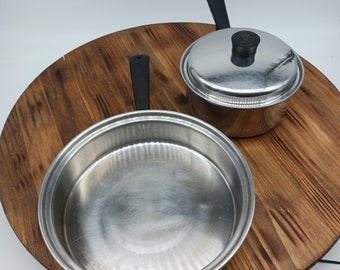 Vintage MCM 3PC Lustre Craft 18-8 Stainless Steel 3 Ply 10 inch Skillet and 1.5QT Saucepan w Lid