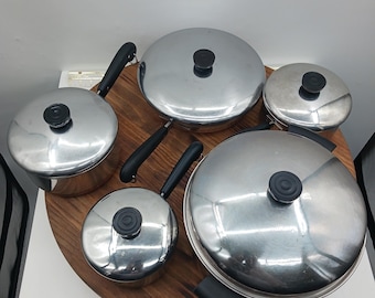 Juego de utensilios de cocina vintage Revereware de 10 piezas con doble anillo, anterior a 1968, con fondo de cobre