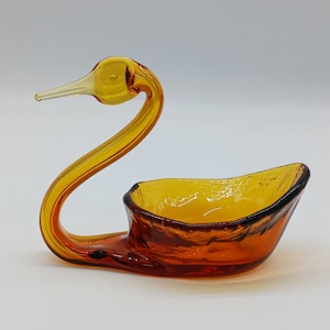Vintage Viking Art Glass Amber Swan Candy Soap Trinket Dish