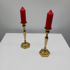 Pair Of Vintage Brass Candle Holders With Red Taper Candles