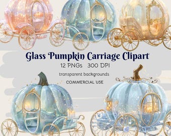 Glass pumpkin carriage clipart, watercolour magical fairytale PNG, princess carriage nursery art, storybook illustration, instant download
