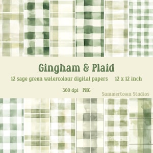 Sage Green Watercolor Gingham & Plaid Digital Paper (12x12 PNG)