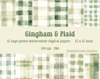 Sage Green Watercolor Gingham & Plaid Digital Paper (12x12 PNG)