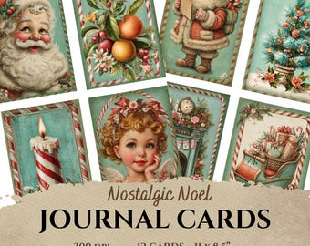 Op de afbeelding: Een verzameling vintage journalkaarten met een kerstthema. De kaarten bevatten illustraties van de kerstman, engelen, kerstbomen en andere vakantiebeelden. De kaarten zijn 27,9 x 21,6 cm groot en zijn voorzien van het label "Nostalgic Noel JOURNAL CARDS."