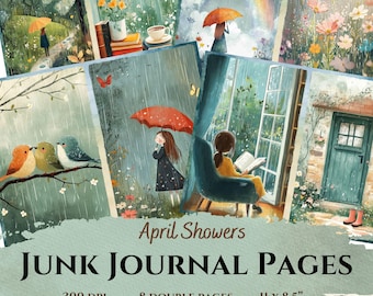 Rainy Day Junk Journal Kit, afdrukbare hobbybenodigdheden, digitale download, lente, plakboekpagina's