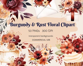 Burgundy And Rust Flower Clipart, Autumn Floral Bouquet Clip Art, Fall Wedding Invitation Graphic, Boho Rose Peony Illustration, Digital PNG