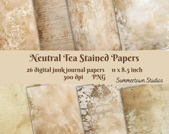 Papeles digitales para diarios creativos, páginas imprimibles con efecto de té neutro, efímeros vintage, diseños de encaje floral.