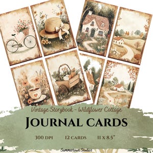 Rustic Cottage junk journal cards, 12 printable ephemera ATC cards, Cottagecore junk journal, wildflowers, paper craft, scrapbooking