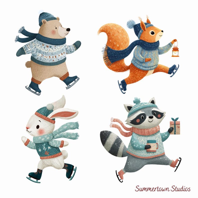 Winter Wonderland Digital Clipart, Ice Skating Animals, Christmas Decor ...