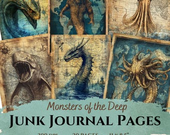 Sea Monsters Junk Journal, Digitaler Download Kit, bedruckbare Seiten & Taschen, Bastelbedarf zum Thema Ozean
