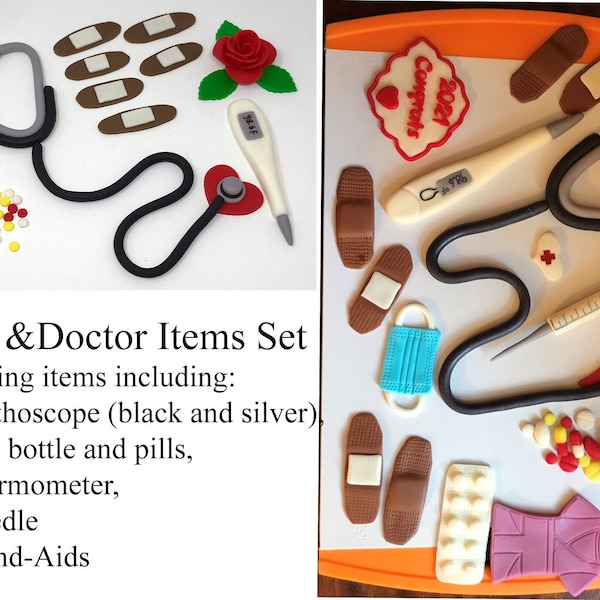 Edible Fondant doctor items, edible fondant nurse items, edible nursing items, fondant needle, stethoscope, pill, thermometer, Band-Aids