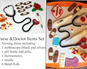Artículos comestibles de fondant para médicos, artículos comestibles de fondant para enfermeras, artículos comestibles de enfermería, aguja de fondant, estetoscopio, pastilla, termómetro, tiritas
