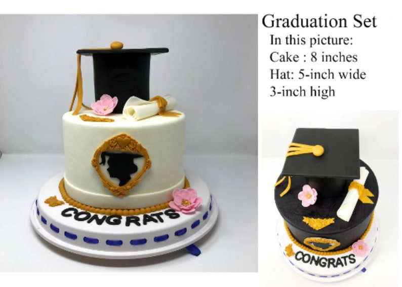 Puede incluir: Un pastel de graduaci&oacute;n con birrete negro, diploma y decoraciones de flores rosas. El pastel blanco tiene un marco dorado y una silueta de graduado. El pastel mide 20 cm de di&aacute;metro y tiene la palabra "CONGRATS" en la base.