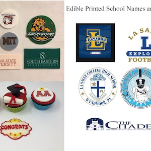 Puede incluir: Logotipos y nombres escolares comestibles impresos, incluyendo "AA", "MIT", "Illinois State University" y "Southeastern". Cupcakes con logotipos escolares y decoraciones tem&aacute;ticas de graduaci&oacute;n. Logotipos adicionales incluyen "La Salle", "Citadel Bulldogs" y "Explorer Football".