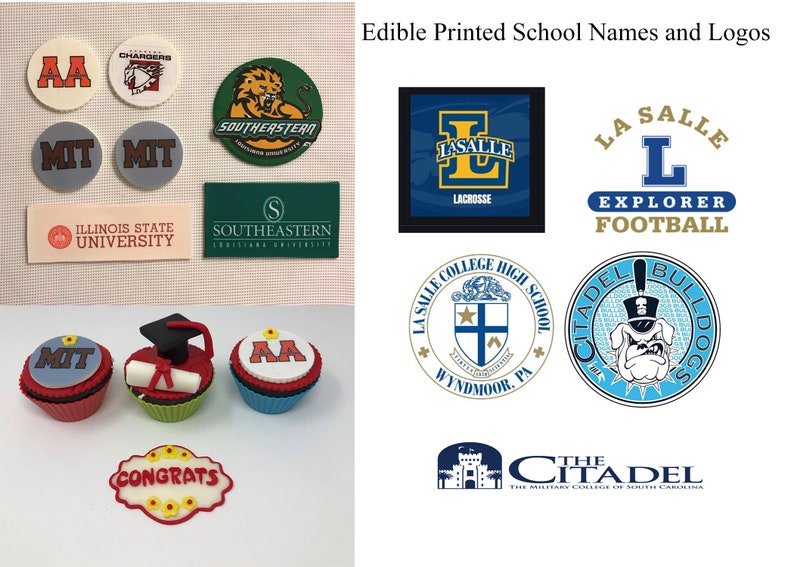 Puede incluir: Logotipos y nombres escolares comestibles impresos, incluyendo "AA", "MIT", "Illinois State University" y "Southeastern". Cupcakes con logotipos escolares y decoraciones tem&aacute;ticas de graduaci&oacute;n. Logotipos adicionales incluyen "La Salle", "Citadel Bulldogs" y "Explorer Football".