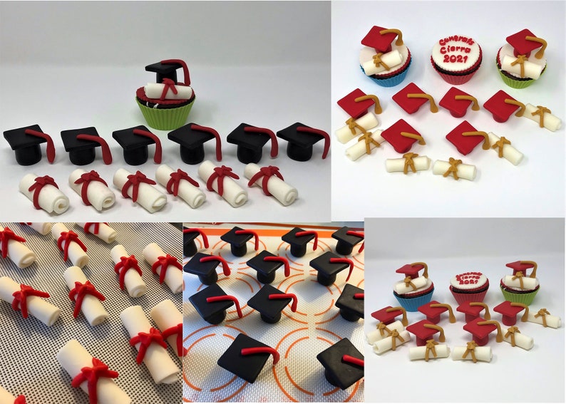 Puede incluir: Un collage de adornos y decoraciones para cupcakes con tem&aacute;tica de graduaci&oacute;n. Los adornos incluyen birretes negros con borlas rojas, diplomas enrollados atados con cintas rojas y cupcakes decorados con gorras de graduaci&oacute;n y diplomas. Un cupcake dice "Congrats Cierra 2021".