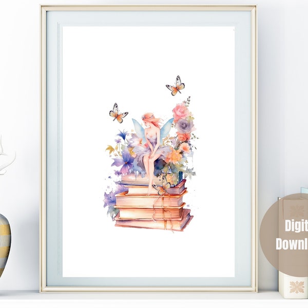 Gentle Fairy Sat on Bookstack Pixie Wall Art | Faerie Art | Bookworm Gift | Teacher Gift | Nursery Decor |  Fantasy Lover Gift