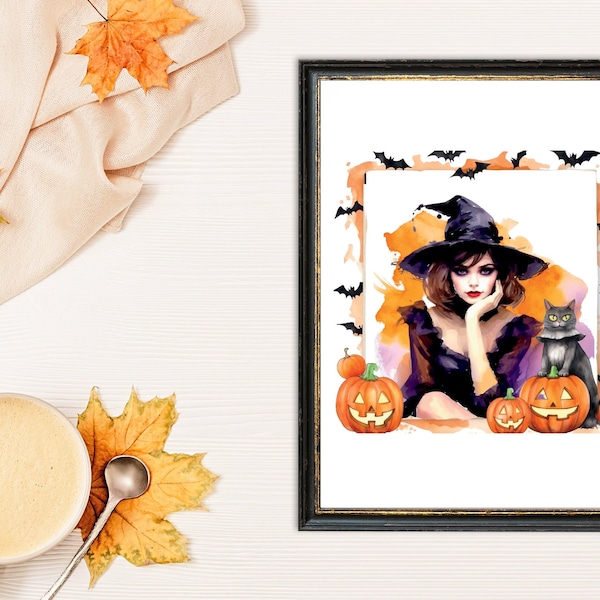 Vintage Halloween Witch Pin Up Wall Art | Perfect Gift for Halloween | Halloween Printable | Rockabilly Halloween Watercolor Autumn Print