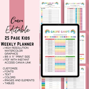 Editable Weekly Planner for Kids | Daily Planner and Behavior Chart for Kids | Lesson Plan Template and Positive Affirmation Printable