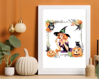 Vintage Halloween Witch Pin Up Wall Art | Perfect Gift for Halloween | Halloween Printable | Rockabilly Halloween Watercolor Autumn Print