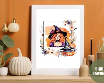 Vintage Halloween Witch Pin Up Wall Art | Perfect Gift for Halloween | Halloween Printable | Rockabilly Halloween Watercolor Autumn Print