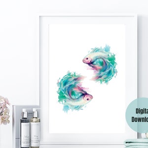 Siamese Fighting Fish Betta Fish Wall Art, Coastal Decor Perfect for Fish Enthusiasts, Betta Fish Decor, Watercolor Animal Wall Art