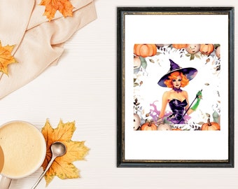 Vintage Halloween Witch Pin Up Wall Art | Perfect Gift for Halloween | Halloween Printable | Rockabilly Halloween Watercolor Autumn Print