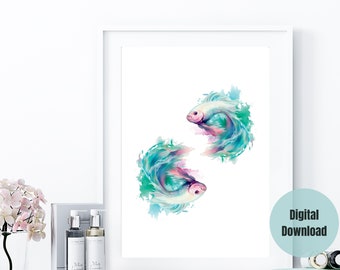 Arte de pared de peces Betta de pez luchador siamés, decoración costera perfecta para entusiastas de los peces, decoración de peces Betta, arte de pared de animales de acuarela