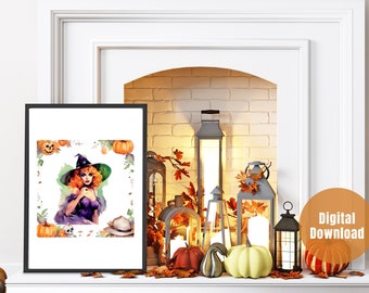 Vintage Halloween Witch Pin Up Wall Art | Perfect Gift for Halloween | Halloween Printable | Rockabilly Halloween Watercolor Autumn Print