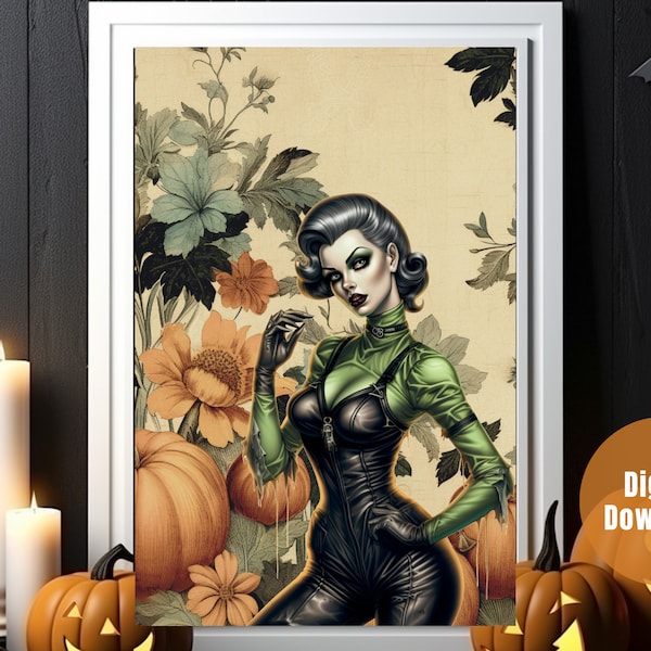 Vintage Pin Up Halloween Ghoul Goddess Poster | Perfect Gift for Halloween | Halloween Pin Up Girls | Rockabilly Autumn Print