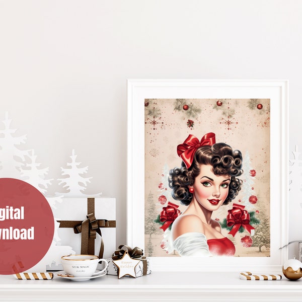 Vintage Christmas Pin Up Girl Wall Art | Perfect Gift for the Holidays | Christmas Printable | Rockabilly Christmas Watercolor Winter Print