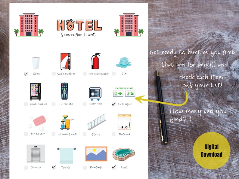 Hotel Scavenger Hunt Printable Game for Kids Travel Treasure Etsy