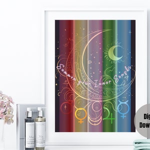 Può includere: Una stampa digitale con uno sfondo arcobaleno e una luna crescente con stelle e il testo "Summon your Inner Sunshin" in un font corsivo.