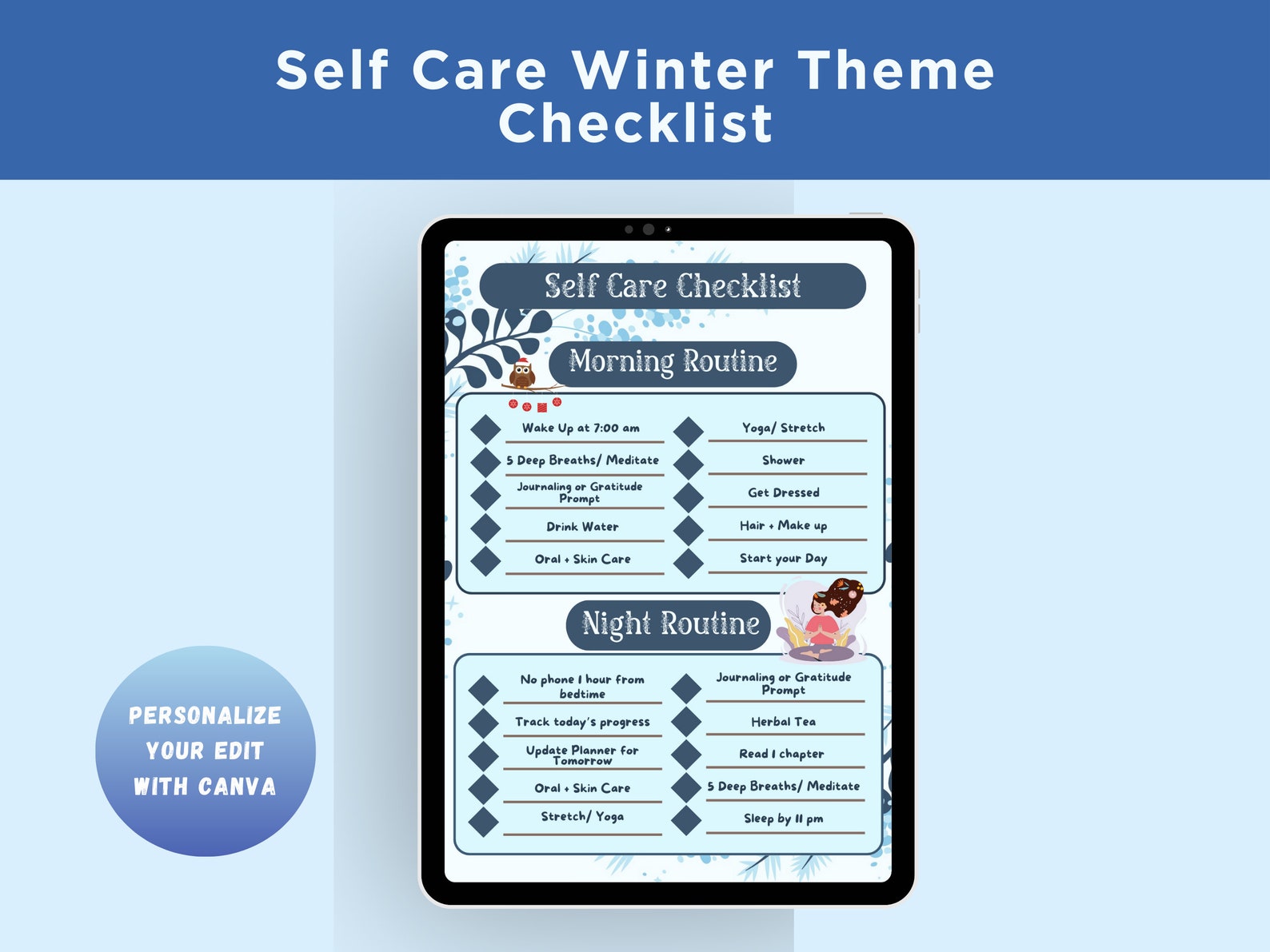Personalized Checklist Example Editable Self Care Checklist Winter Themed |self Improvement Planner ...