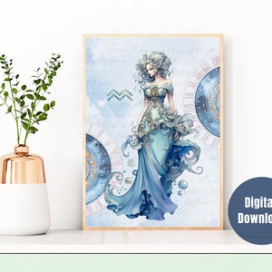 Aquarius Zodiac Goddess Celestial Poster |Aquarius Framed Art and Zodiac Portrait |Mythology Astrology and Zodiac Signs Print