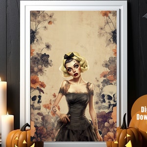 Vintage Pin Up Halloween Skull Gothic Poster | Perfect Gift for Halloween | Halloween Pin Up Girls | Rockabilly Autumn Print