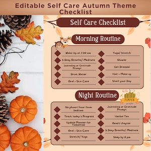 Editable Self Care Checklist Autumn Themed |Self Improvement Planner and Self Care Tracker |Canva Template Printable Personalized Checklist