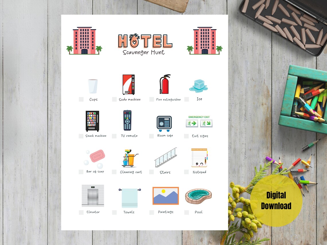 Hotel Scavenger Hunt Printable Game for Kids | Travel Treasure Hunt ...