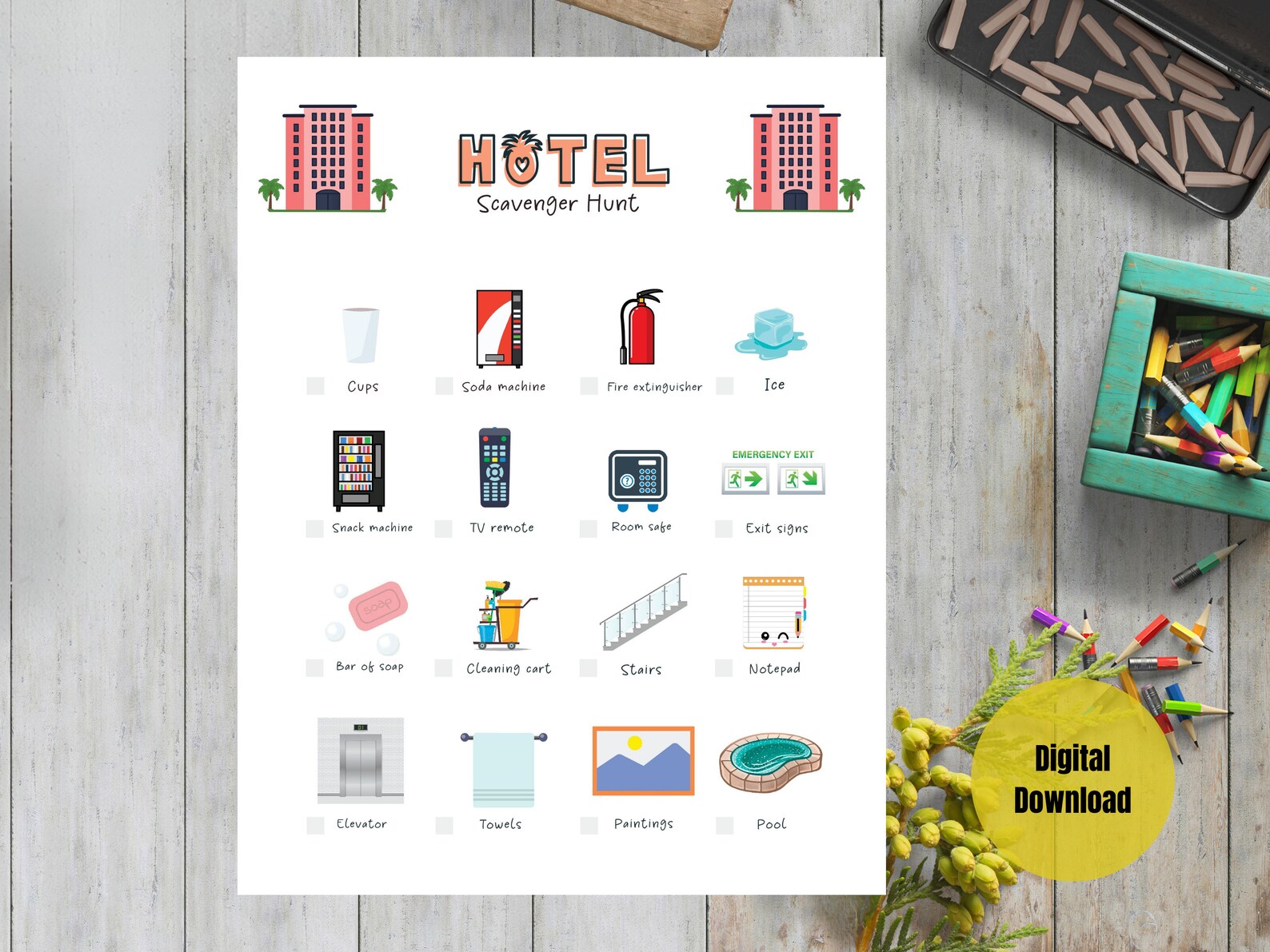 Hotel Scavenger Hunt Printable Game for Kids | Travel Treasure Hunt ...
